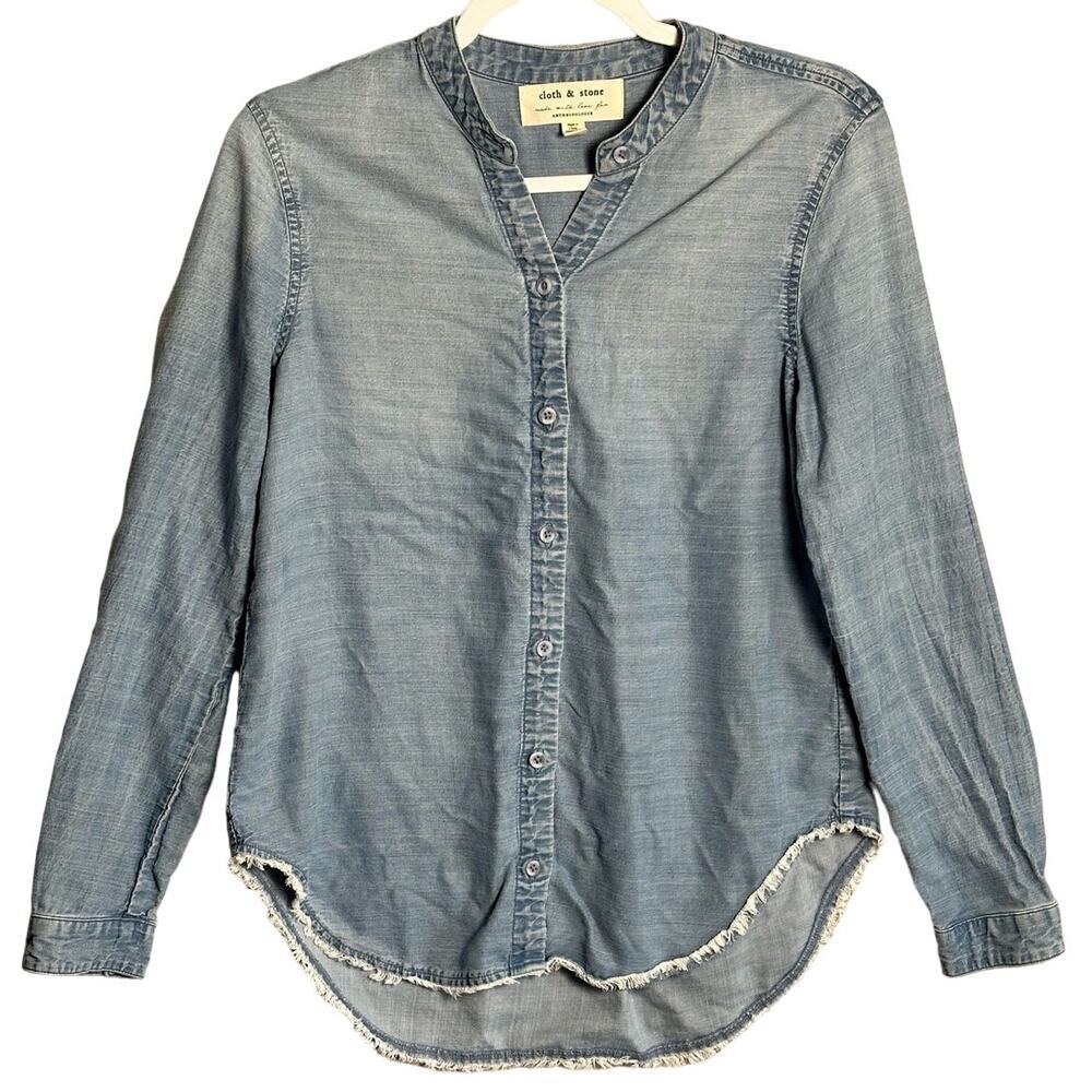 Cloth & Stone Anthropologie Sz S Chambray Button Up Shirt Raw Hem Tencel hi-low